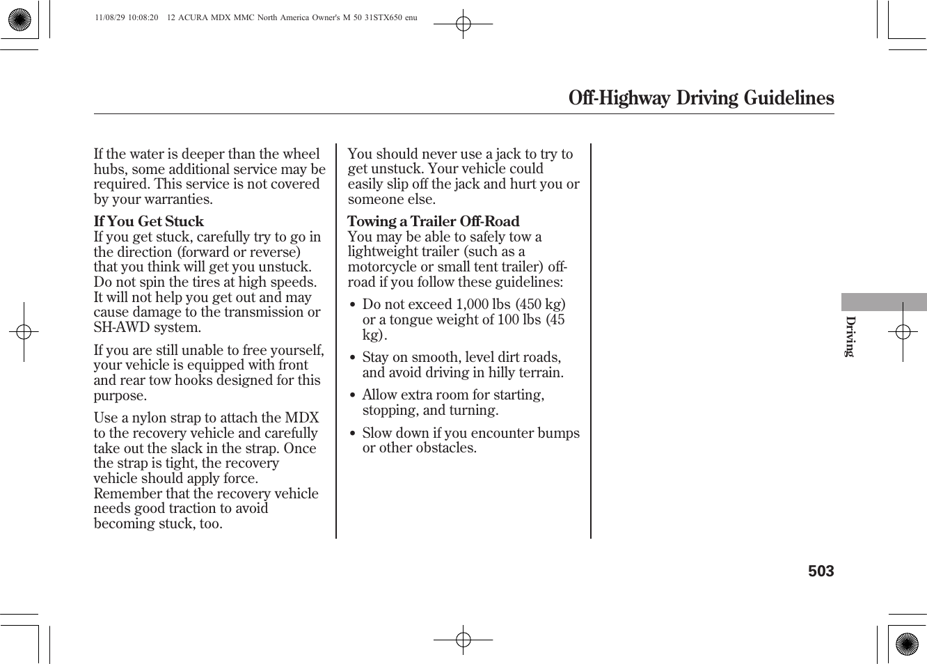 Off-highway driving guidelines | Acura 2012 MDX User Manual | Page 510 / 617