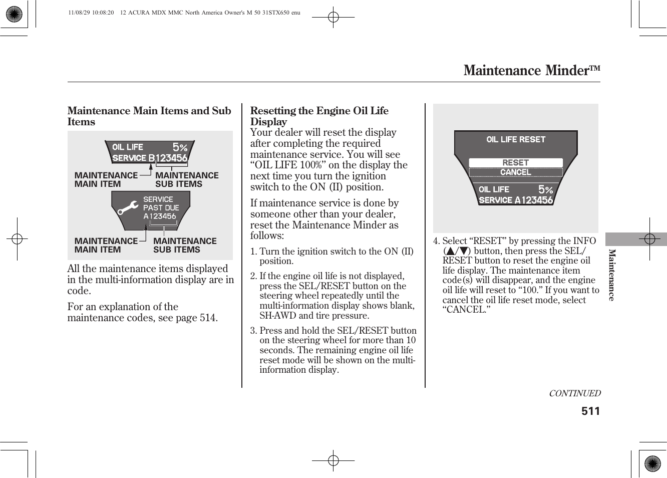 Maintenance minder | Acura 2012 MDX User Manual | Page 518 / 617