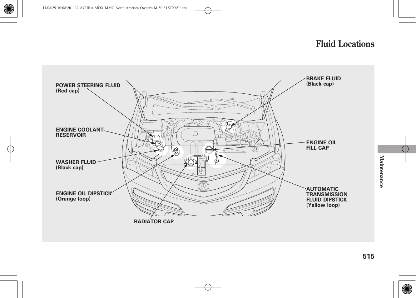 Fluid locations | Acura 2012 MDX User Manual | Page 522 / 617