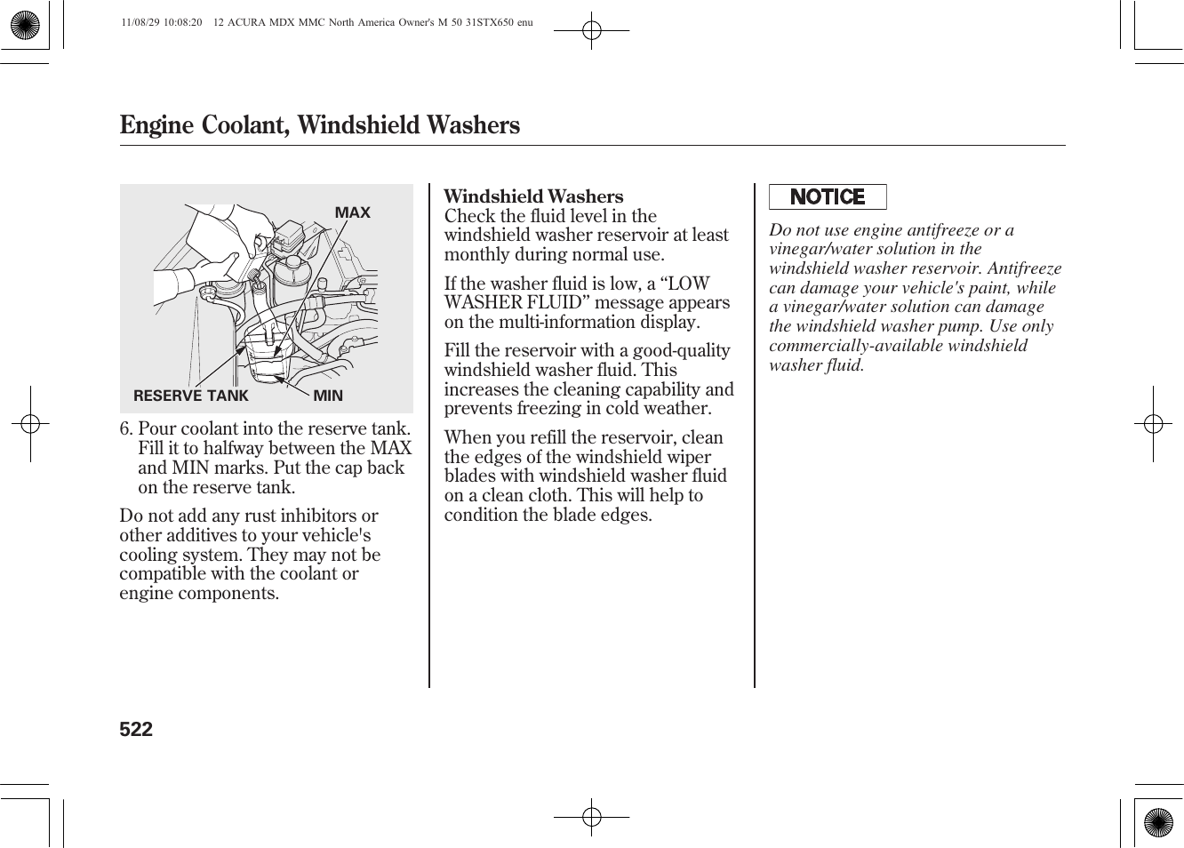 Engine coolant, windshield washers | Acura 2012 MDX User Manual | Page 529 / 617