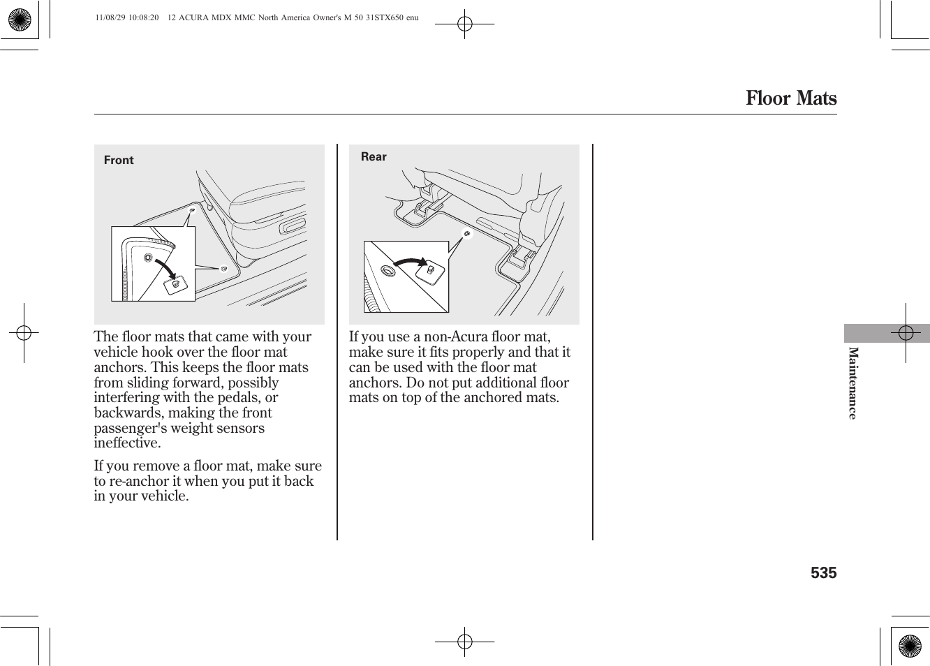 Floor mats | Acura 2012 MDX User Manual | Page 542 / 617