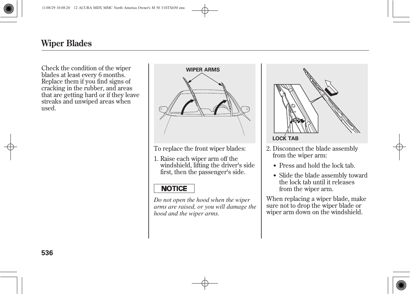 Wiper blades | Acura 2012 MDX User Manual | Page 543 / 617