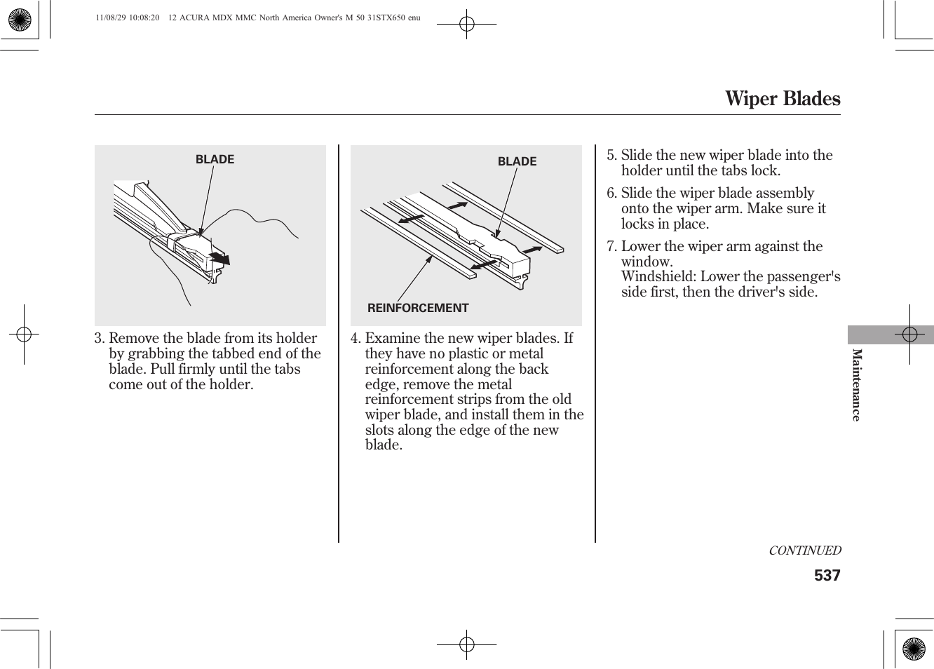 Wiper blades | Acura 2012 MDX User Manual | Page 544 / 617