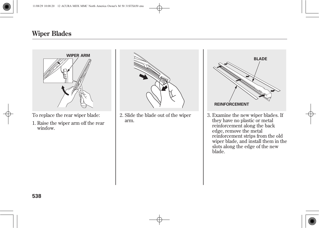 Wiper blades | Acura 2012 MDX User Manual | Page 545 / 617