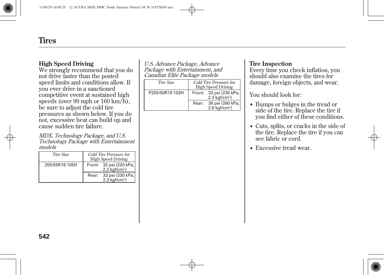 Tires, Excessive tread wear | Acura 2012 MDX User Manual | Page 549 / 617