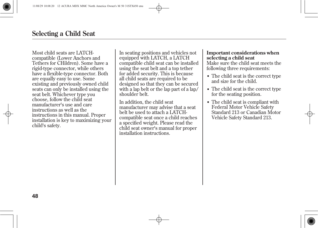 Selecting a child seat | Acura 2012 MDX User Manual | Page 55 / 617