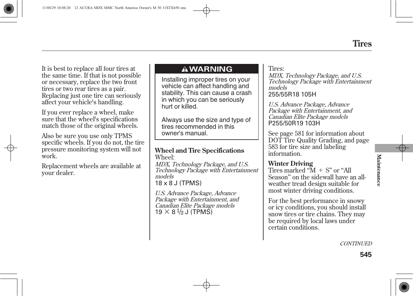 Tires | Acura 2012 MDX User Manual | Page 552 / 617