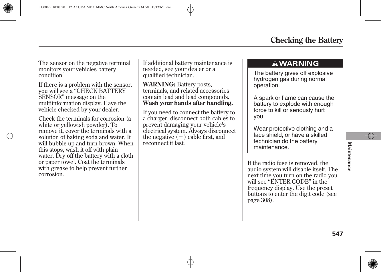 Checking the battery | Acura 2012 MDX User Manual | Page 554 / 617