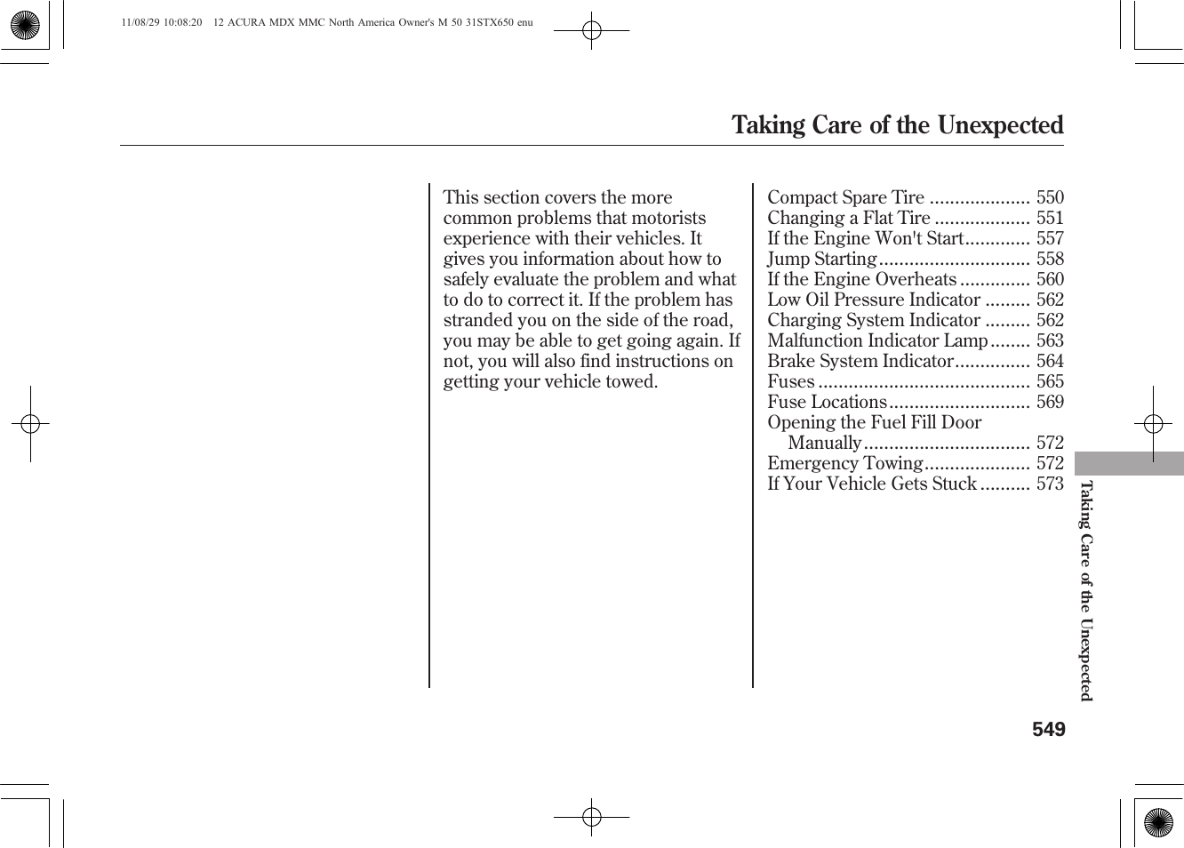 Taking care of the unexpected | Acura 2012 MDX User Manual | Page 556 / 617