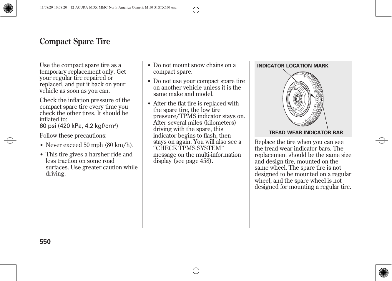 Compact spare tire | Acura 2012 MDX User Manual | Page 557 / 617
