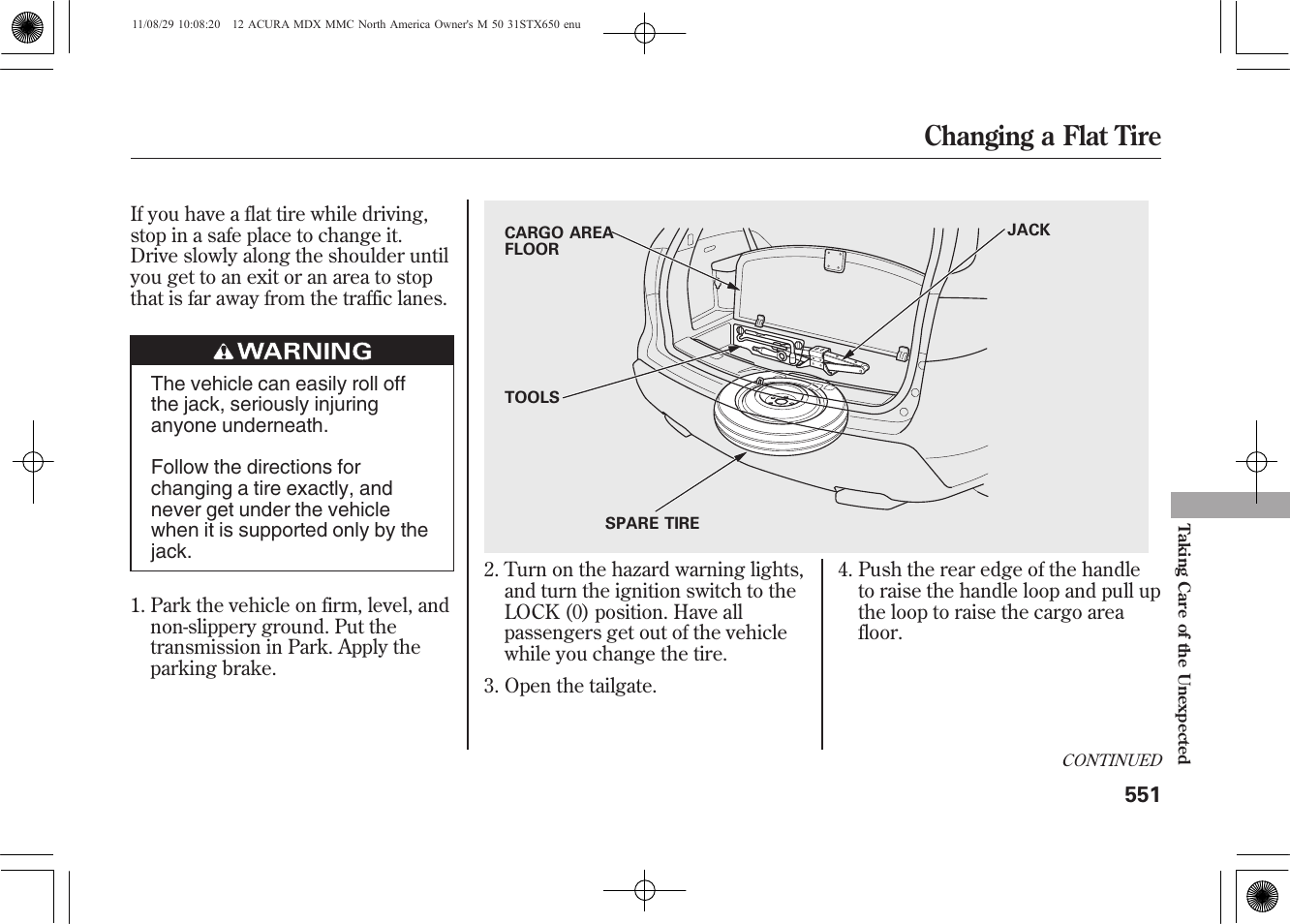 Changing a flat tire | Acura 2012 MDX User Manual | Page 558 / 617