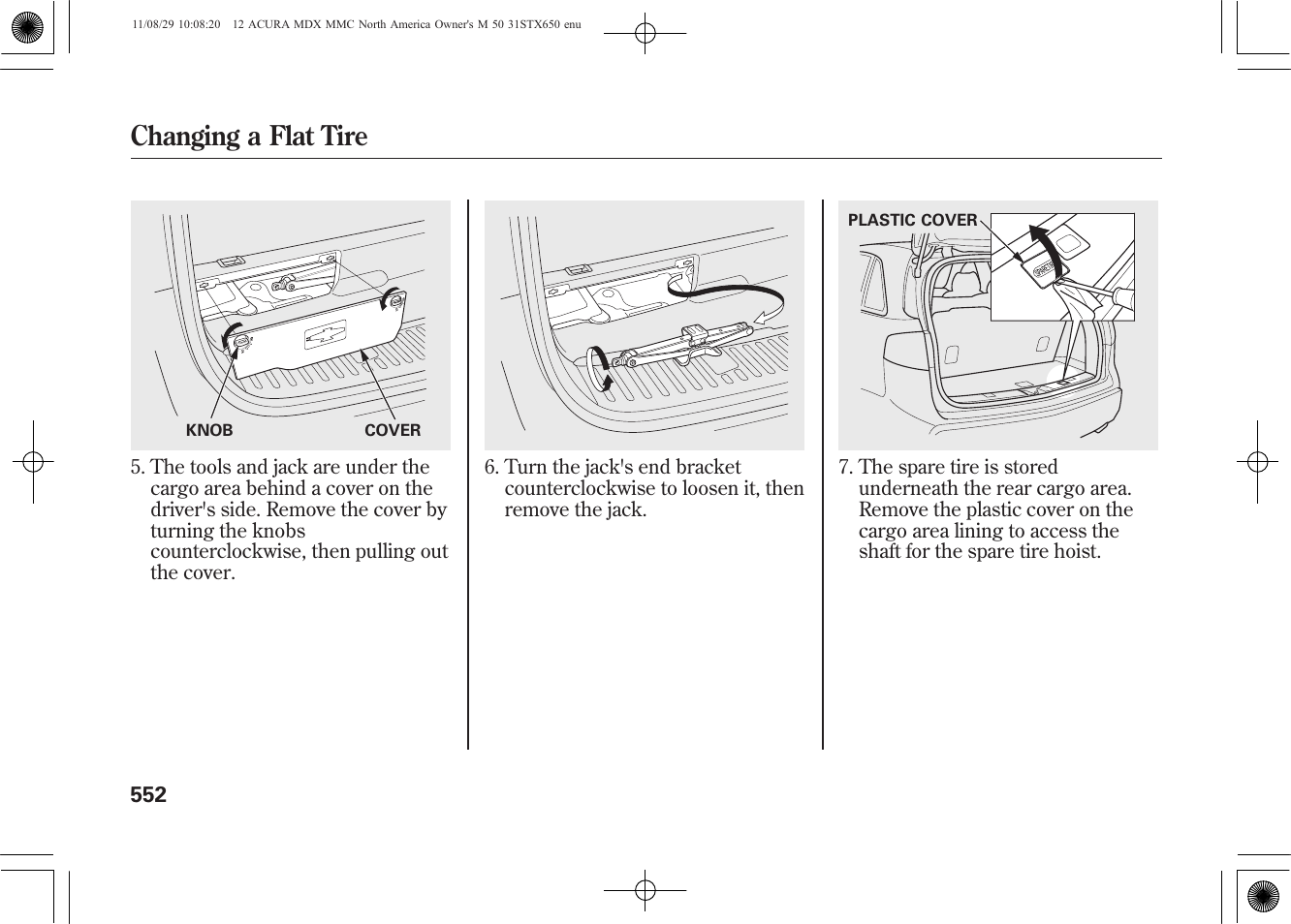 Changing a flat tire | Acura 2012 MDX User Manual | Page 559 / 617