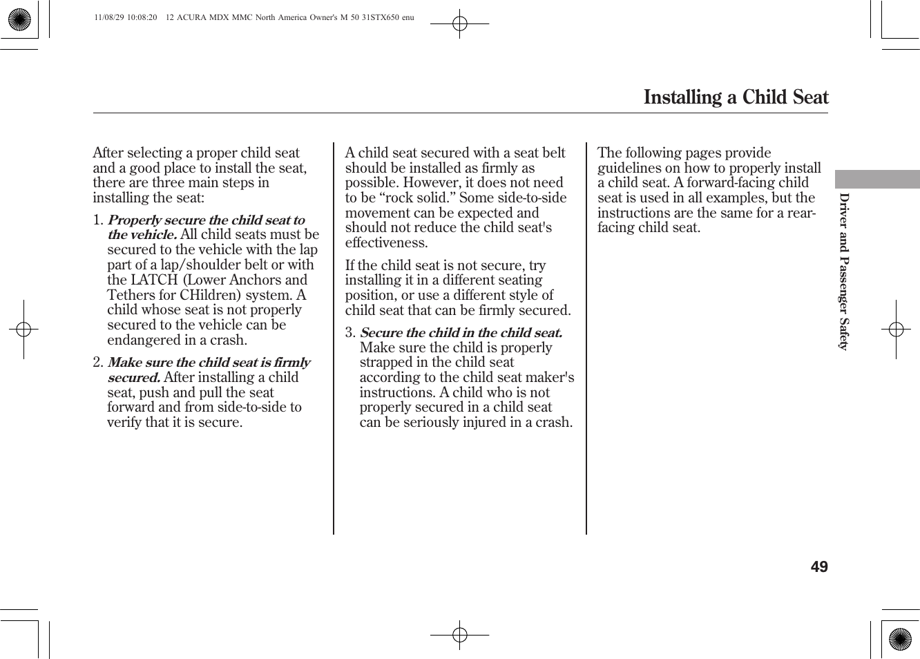 Installing a child seat | Acura 2012 MDX User Manual | Page 56 / 617
