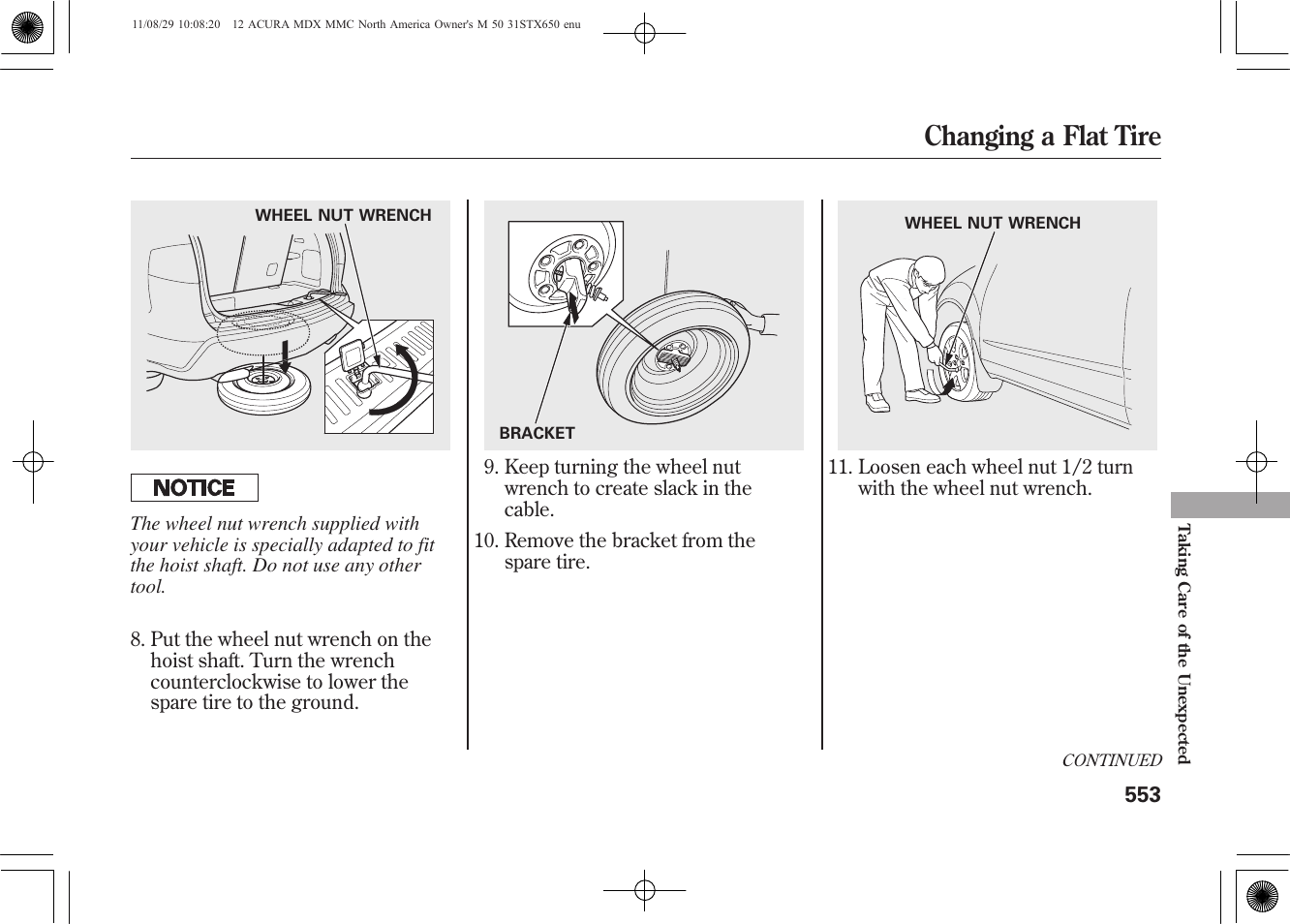 Changing a flat tire | Acura 2012 MDX User Manual | Page 560 / 617