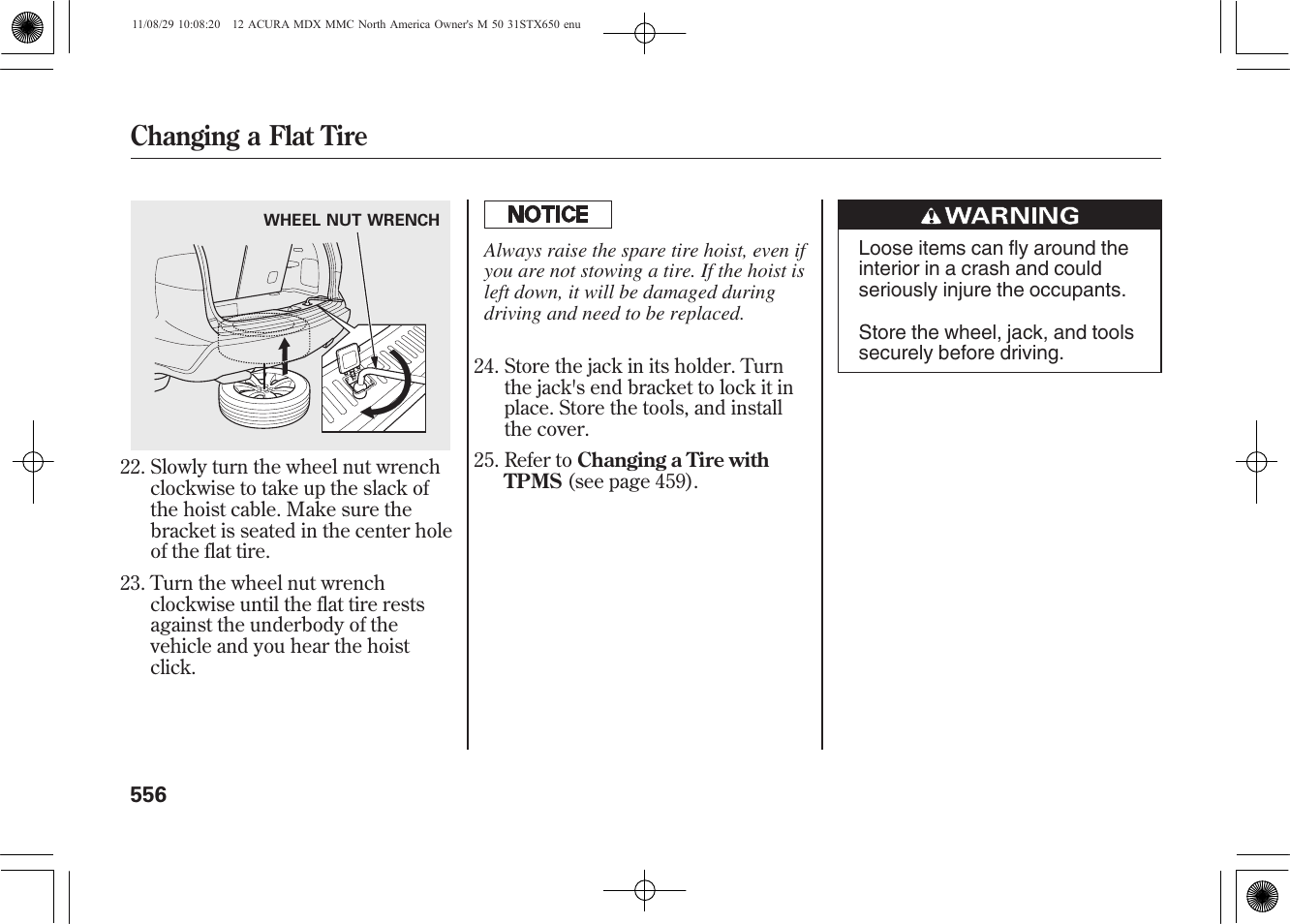 Changing a flat tire | Acura 2012 MDX User Manual | Page 563 / 617