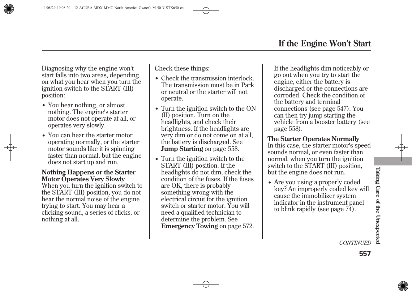 If the engine won't start | Acura 2012 MDX User Manual | Page 564 / 617