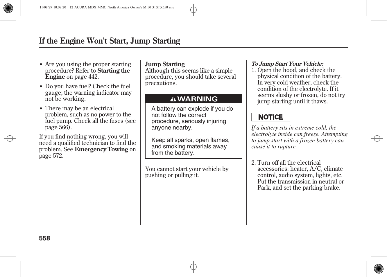 If the engine won't start, jump starting | Acura 2012 MDX User Manual | Page 565 / 617