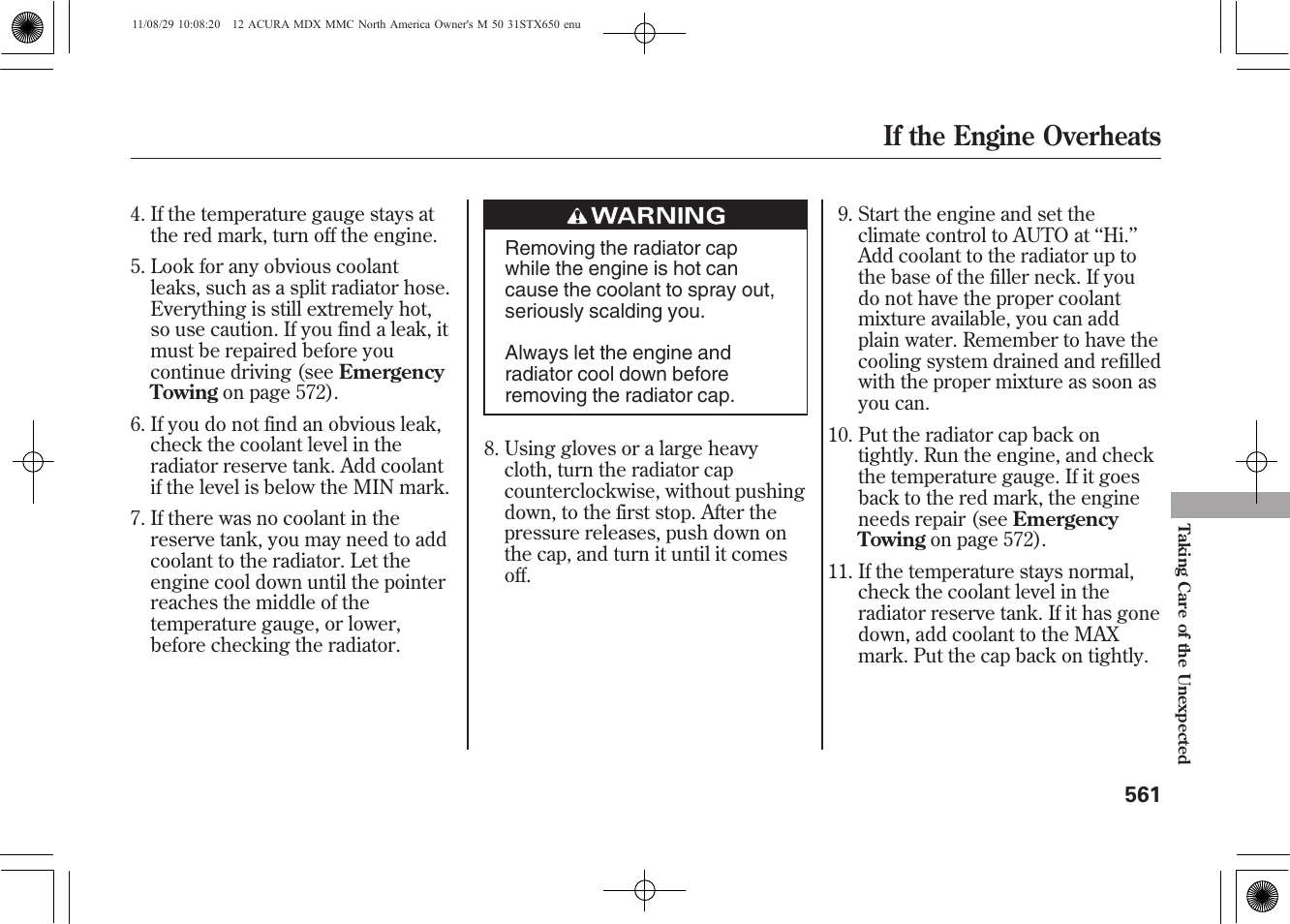 If the engine overheats | Acura 2012 MDX User Manual | Page 568 / 617