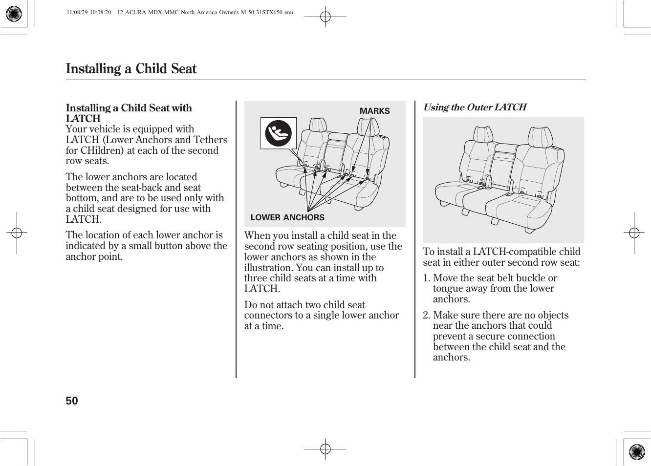 Installing a child seat | Acura 2012 MDX User Manual | Page 57 / 617