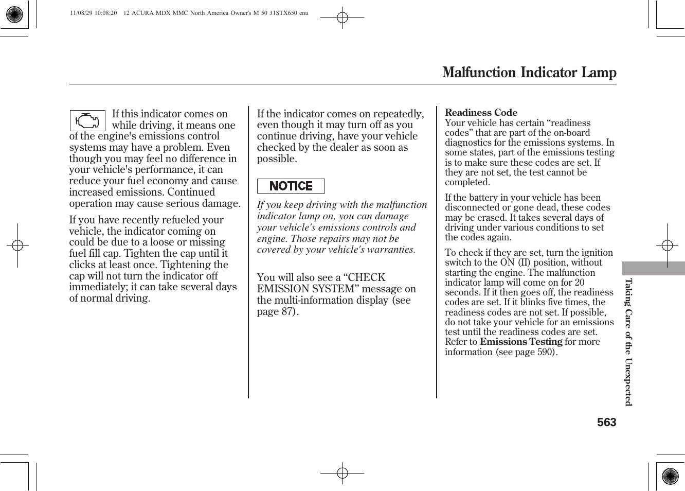 Malfunction indicator lamp | Acura 2012 MDX User Manual | Page 570 / 617