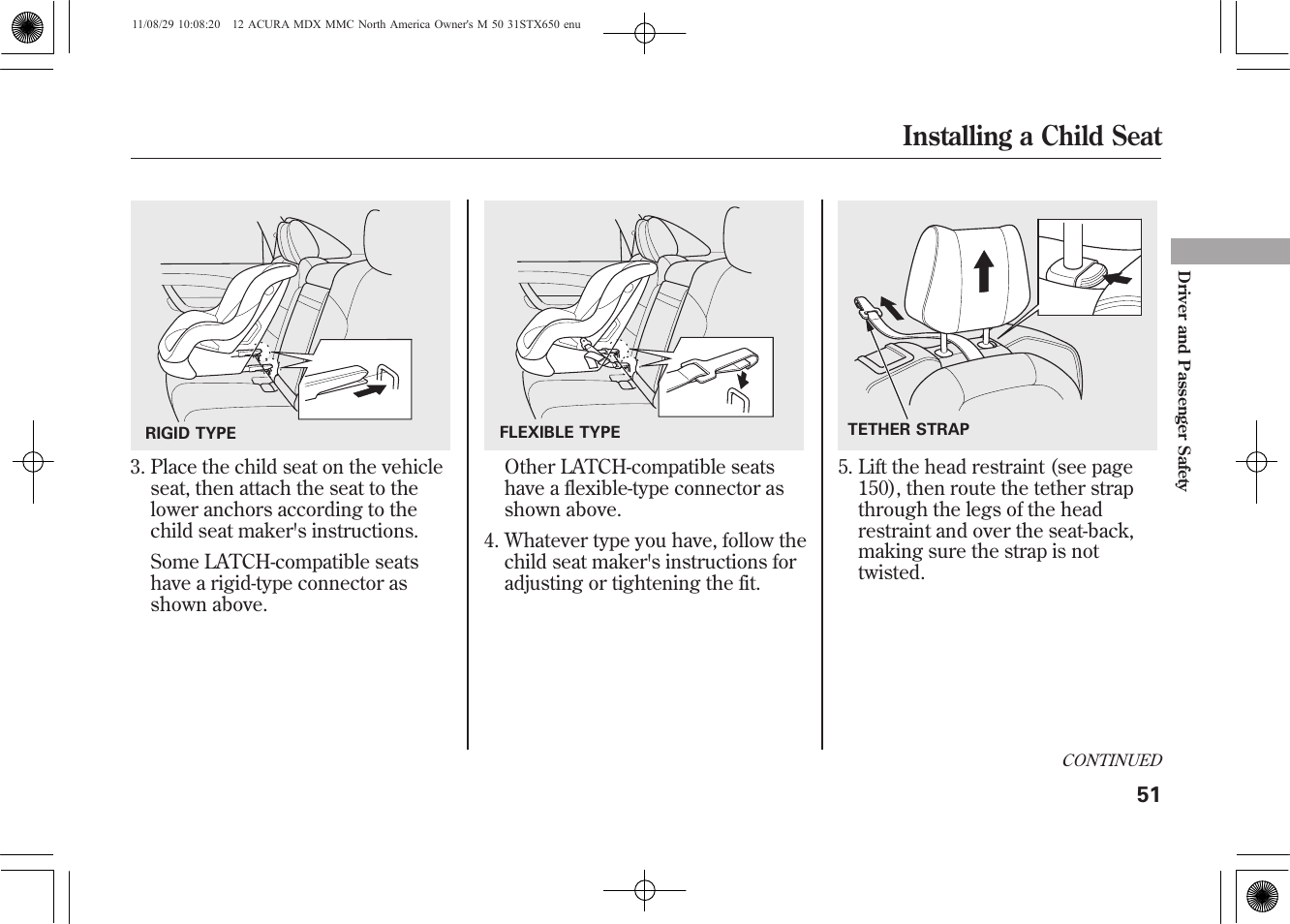 Installing a child seat | Acura 2012 MDX User Manual | Page 58 / 617