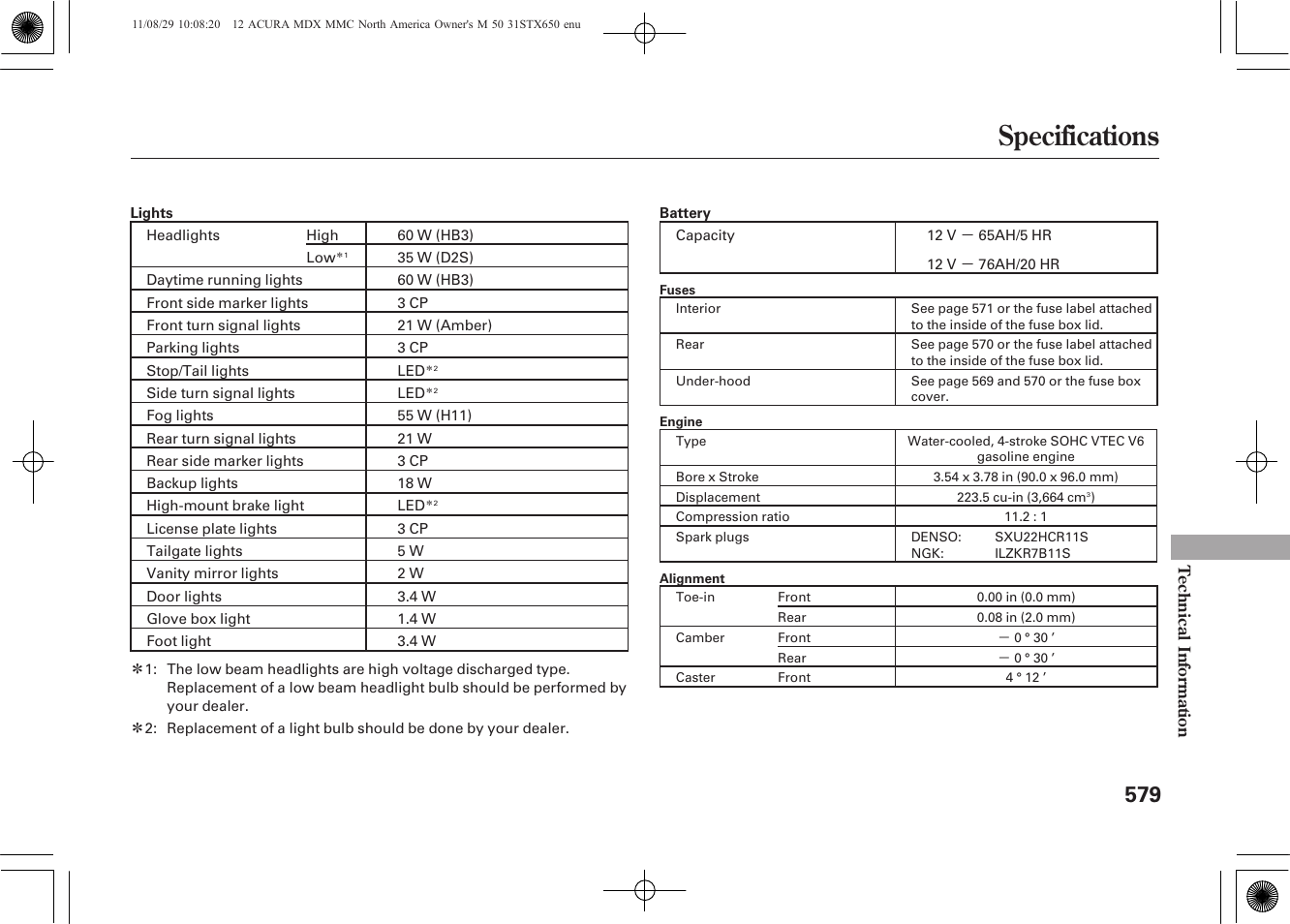 Specifications | Acura 2012 MDX User Manual | Page 586 / 617