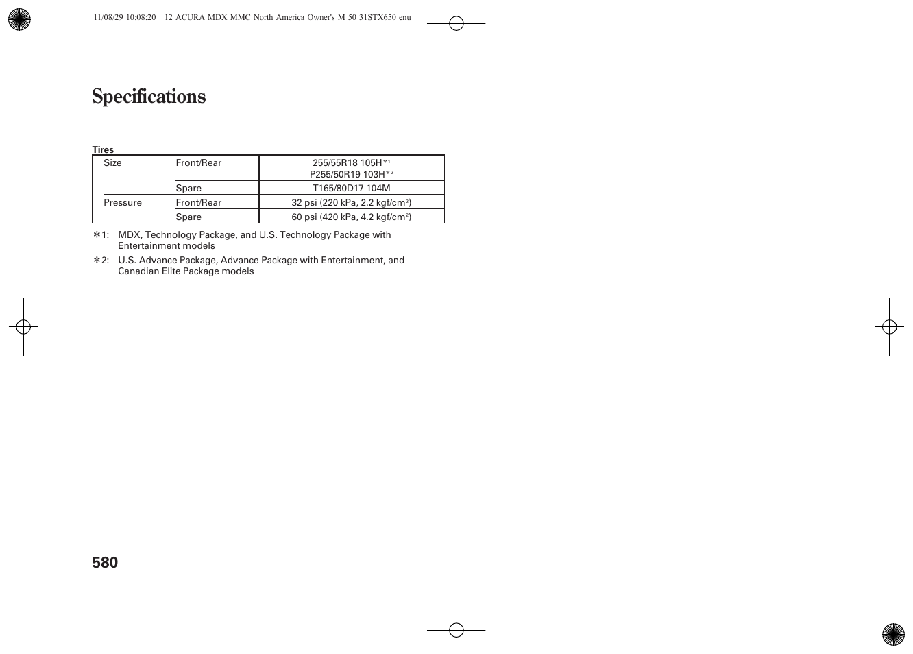Specifications | Acura 2012 MDX User Manual | Page 587 / 617