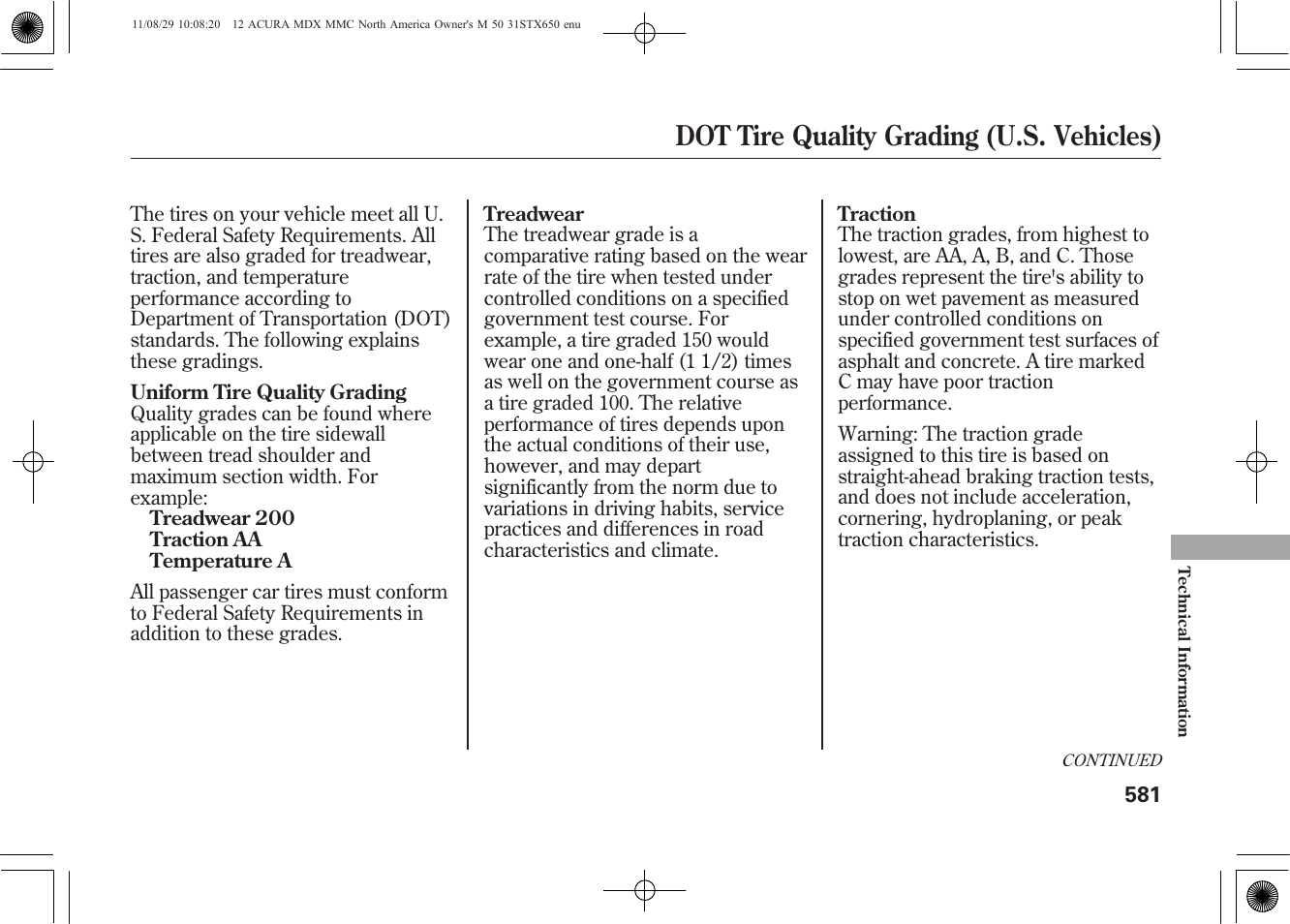 Dot tire quality grading (u.s. vehicles) | Acura 2012 MDX User Manual | Page 588 / 617