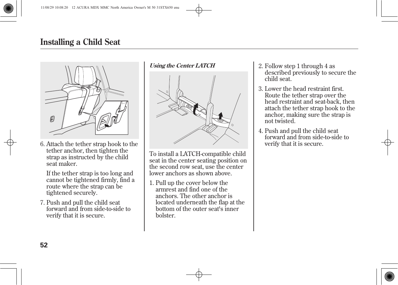 Installing a child seat | Acura 2012 MDX User Manual | Page 59 / 617