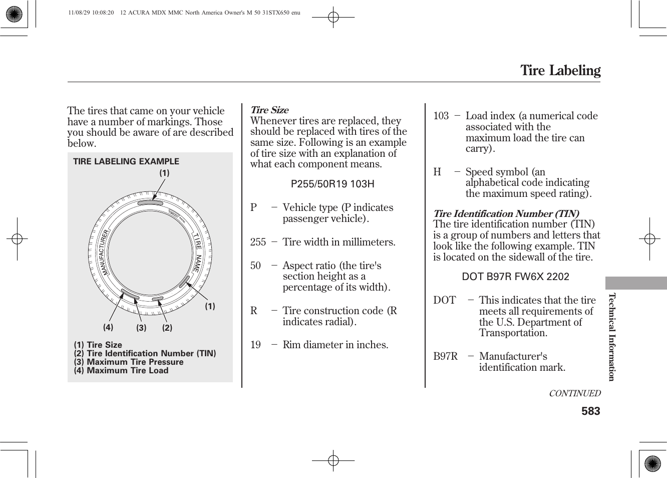 Tire labeling | Acura 2012 MDX User Manual | Page 590 / 617