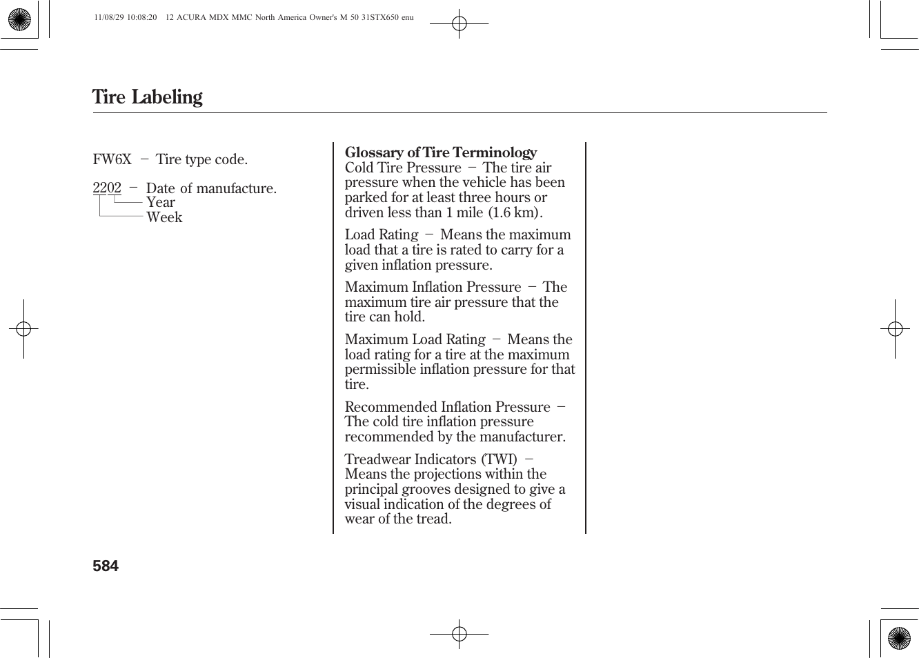 Tire labeling | Acura 2012 MDX User Manual | Page 591 / 617