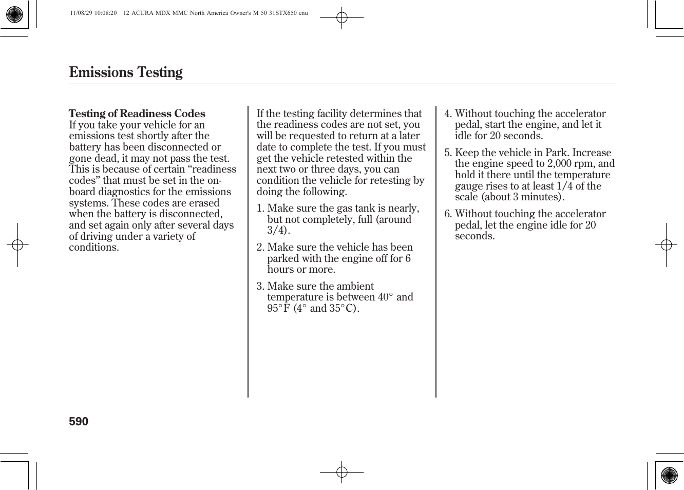 Emissions testing | Acura 2012 MDX User Manual | Page 597 / 617