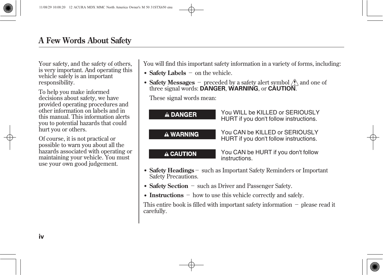 A few words about safety | Acura 2012 MDX User Manual | Page 6 / 617