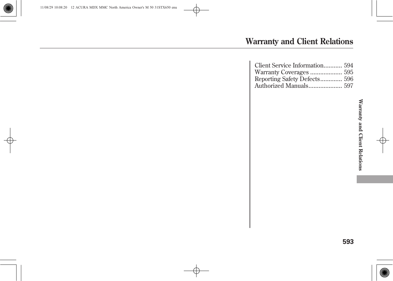 Warranty and client relations | Acura 2012 MDX User Manual | Page 600 / 617