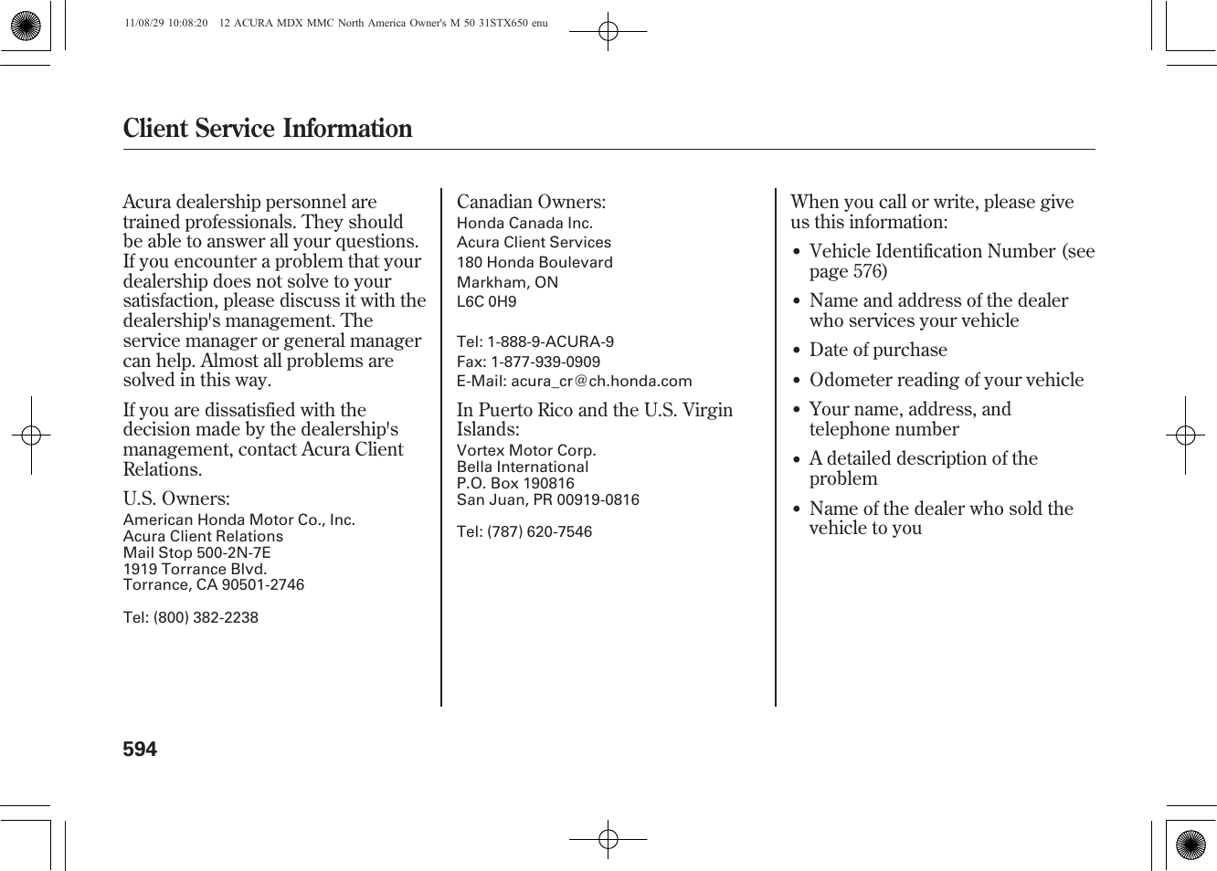 Client service information | Acura 2012 MDX User Manual | Page 601 / 617