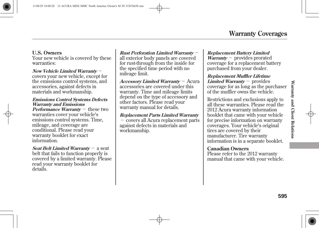 Warranty coverages | Acura 2012 MDX User Manual | Page 602 / 617