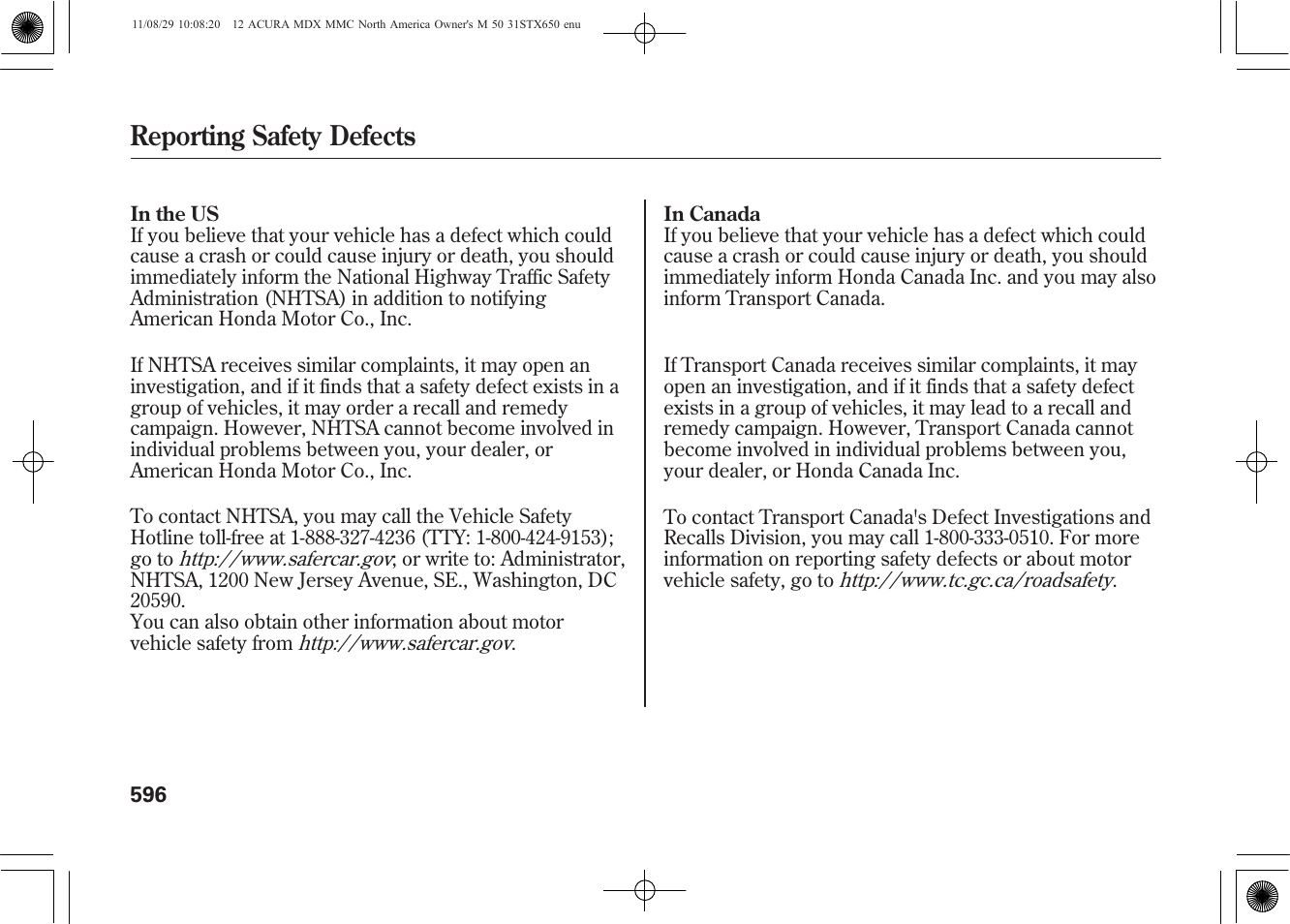 Reporting safety defects | Acura 2012 MDX User Manual | Page 603 / 617