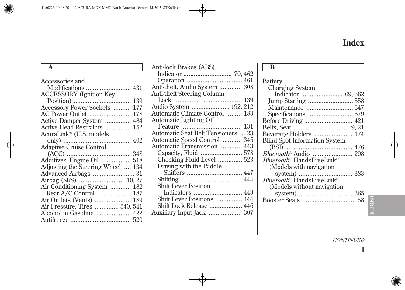 Index | Acura 2012 MDX User Manual | Page 605 / 617