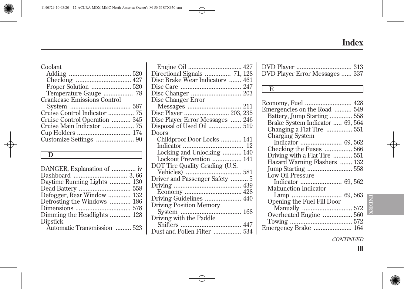 Index | Acura 2012 MDX User Manual | Page 607 / 617