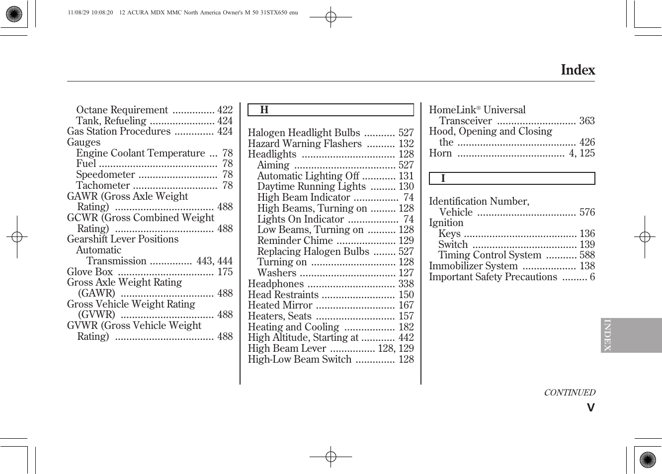 Index | Acura 2012 MDX User Manual | Page 609 / 617