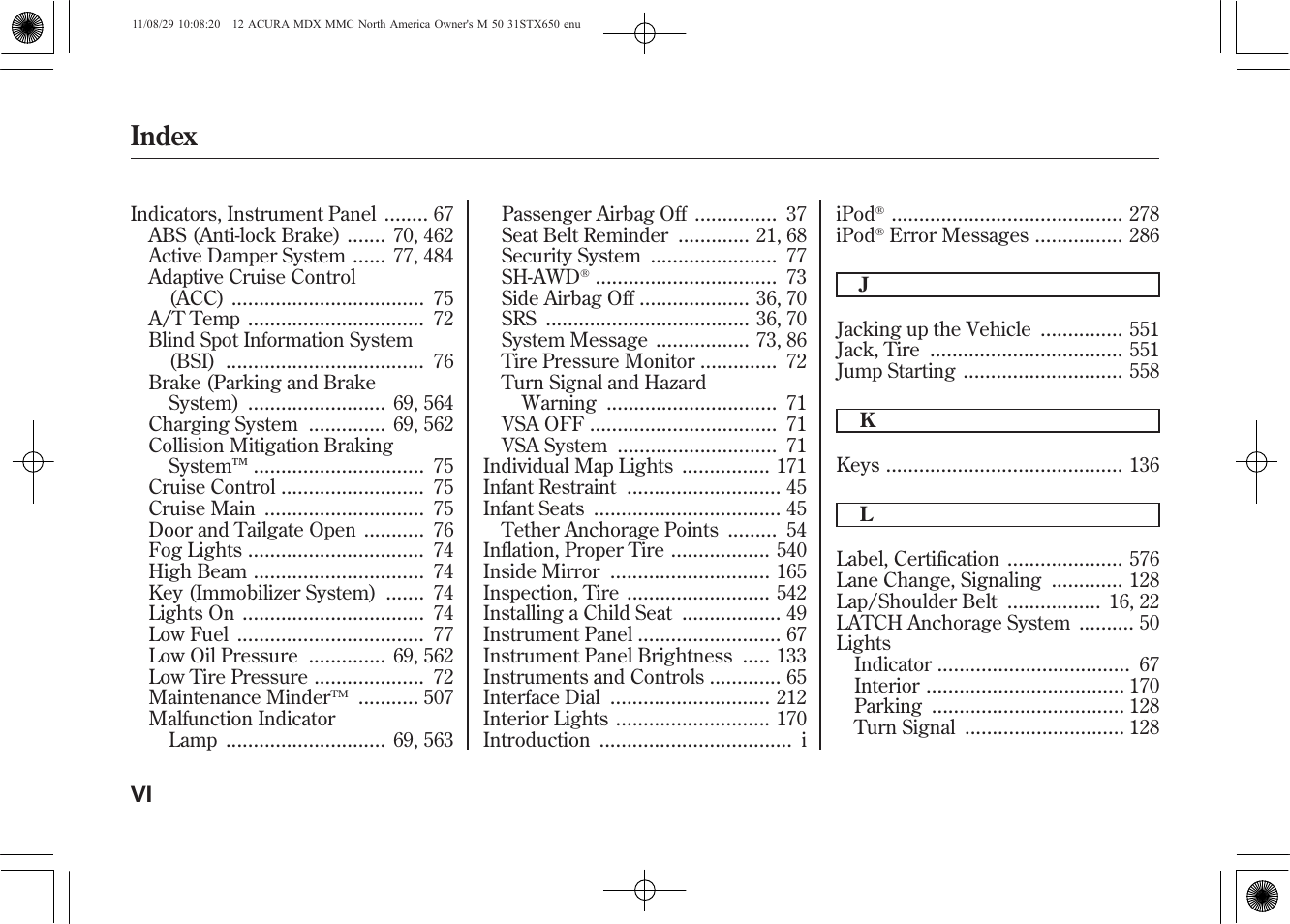 Index | Acura 2012 MDX User Manual | Page 610 / 617