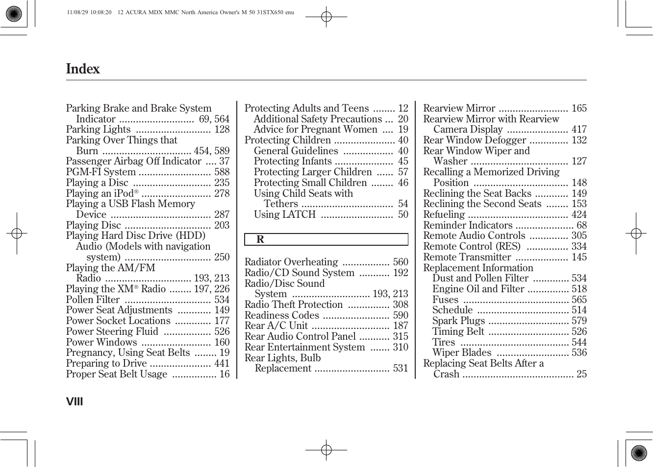 Index | Acura 2012 MDX User Manual | Page 612 / 617