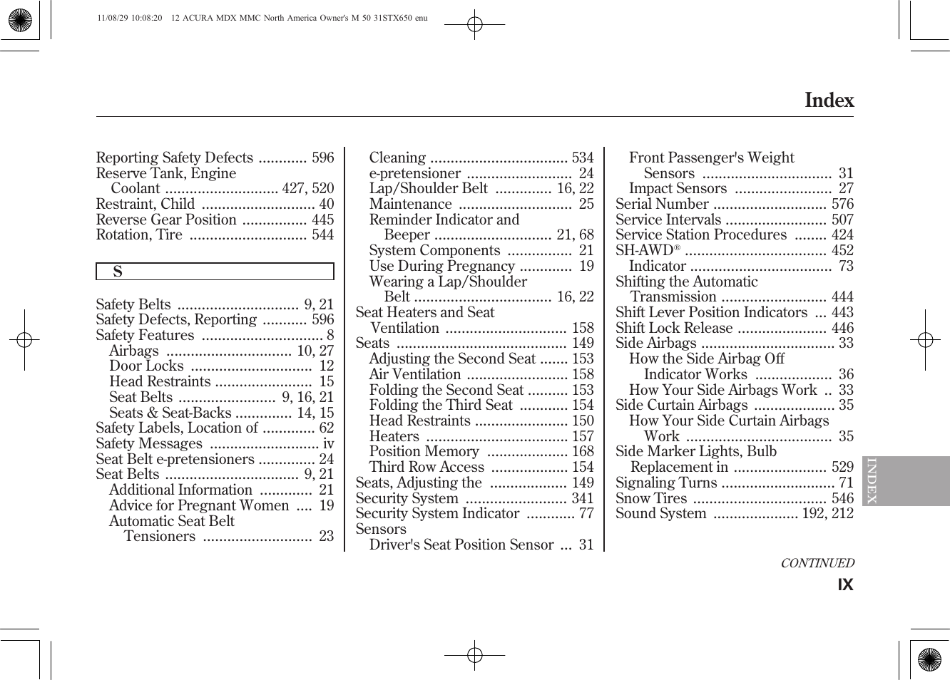 Index | Acura 2012 MDX User Manual | Page 613 / 617