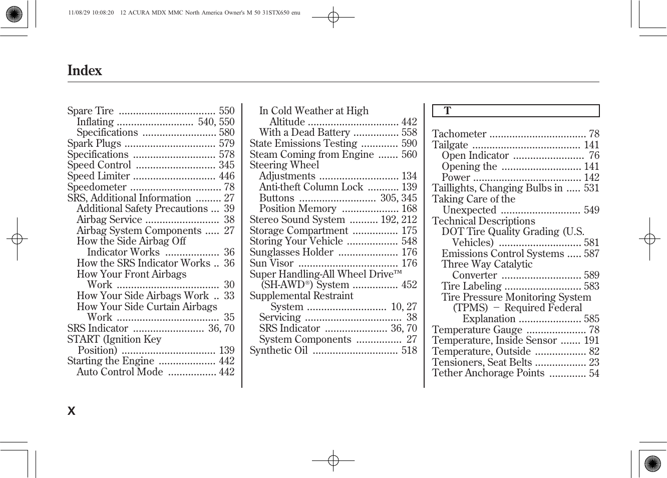Index | Acura 2012 MDX User Manual | Page 614 / 617