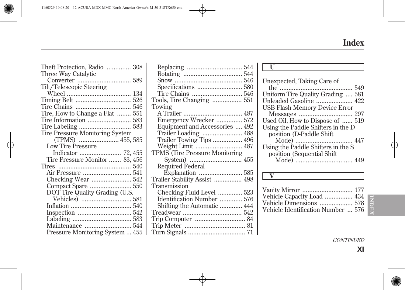 Index | Acura 2012 MDX User Manual | Page 615 / 617