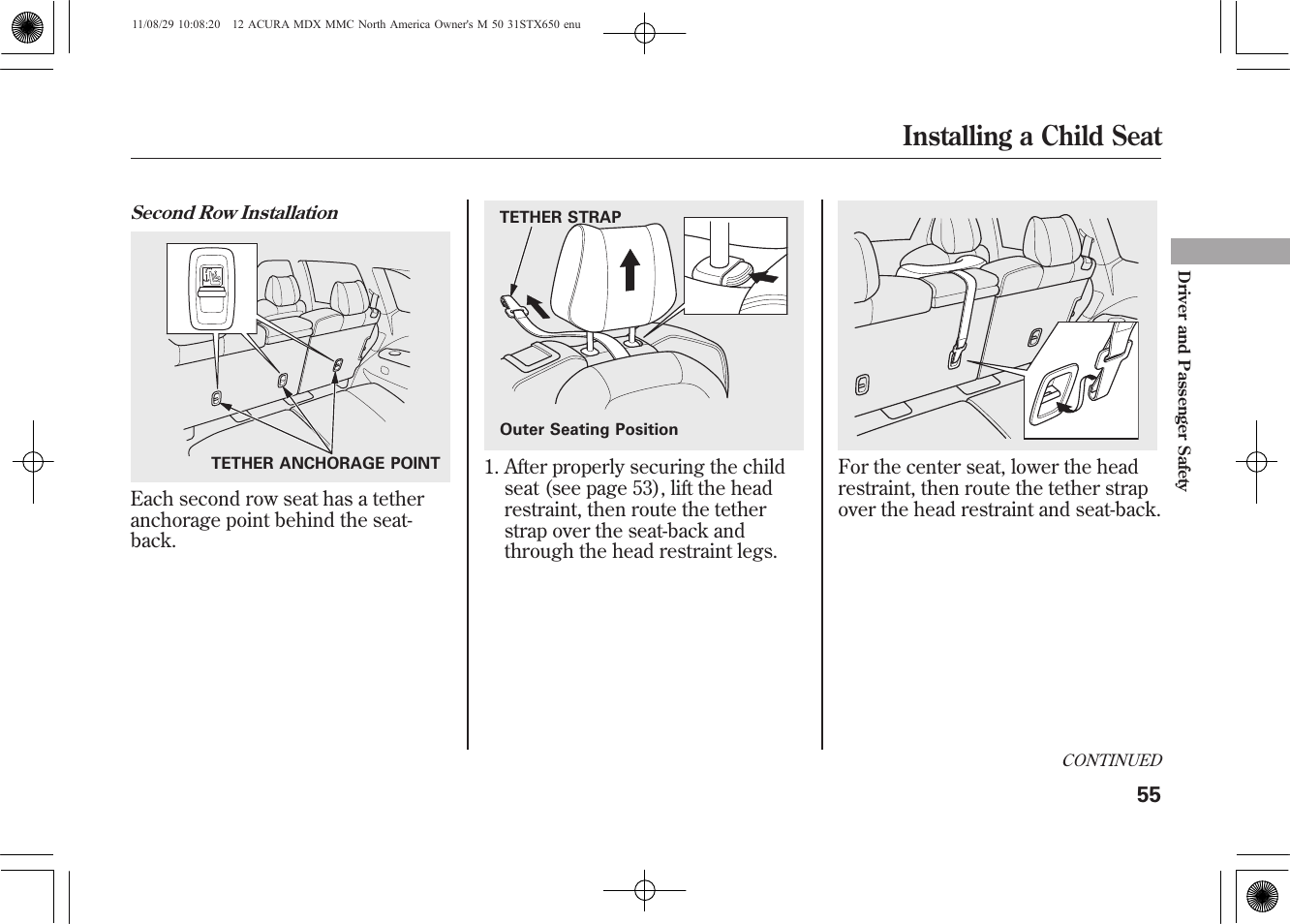 Installing a child seat | Acura 2012 MDX User Manual | Page 62 / 617