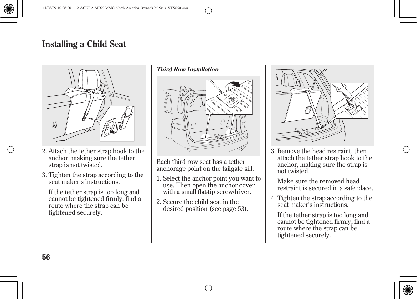 Installing a child seat | Acura 2012 MDX User Manual | Page 63 / 617