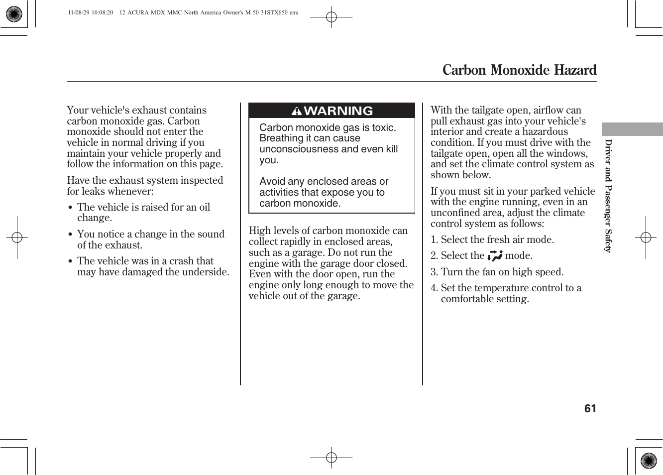 Carbon monoxide hazard | Acura 2012 MDX User Manual | Page 68 / 617