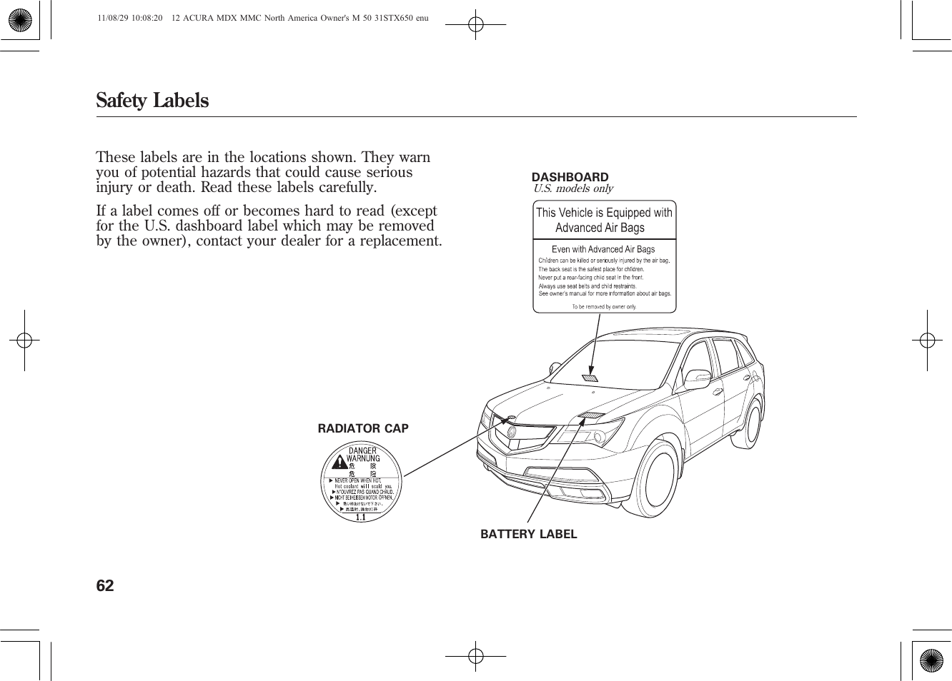 Safety labels | Acura 2012 MDX User Manual | Page 69 / 617