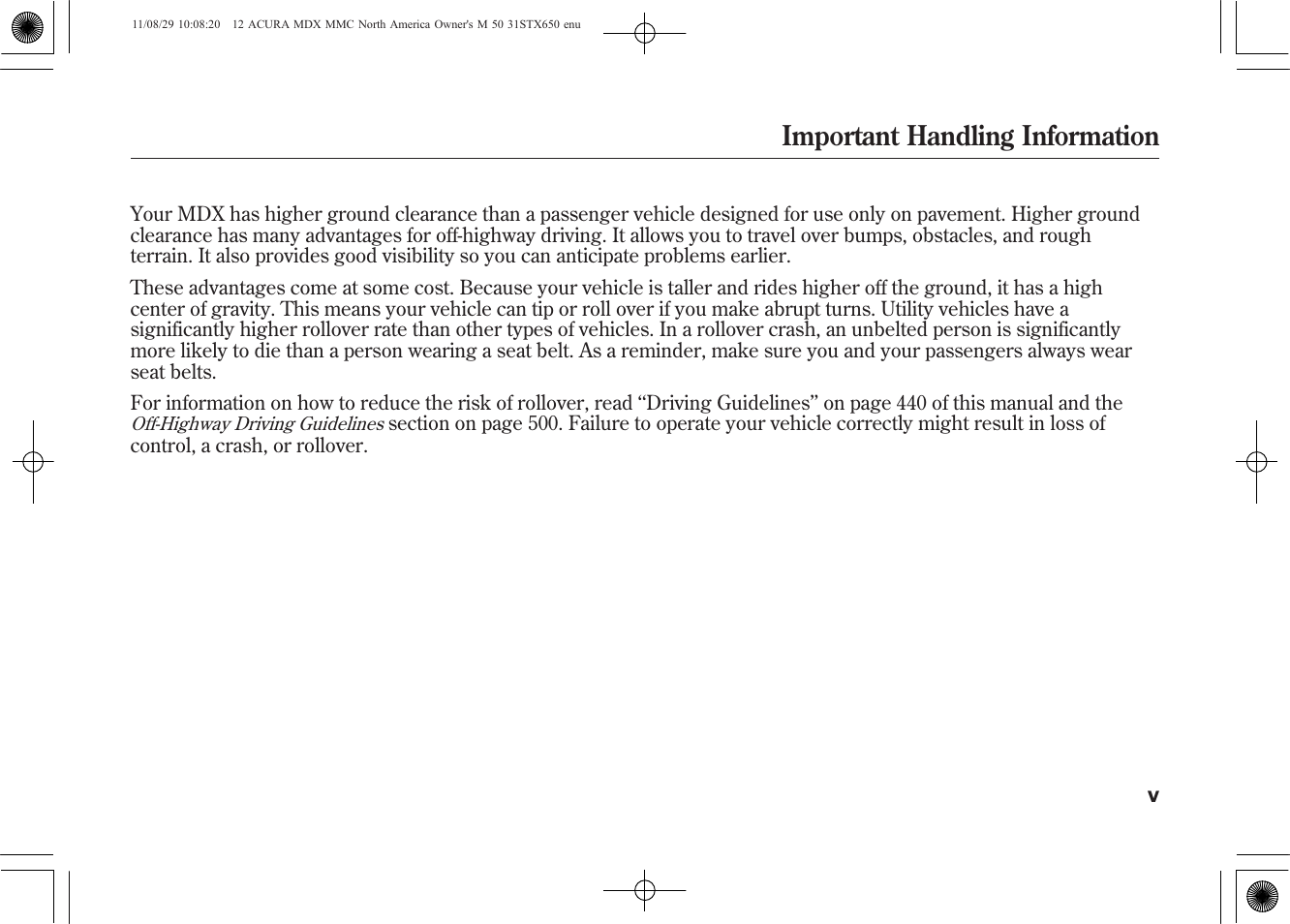 Important handling information | Acura 2012 MDX User Manual | Page 7 / 617